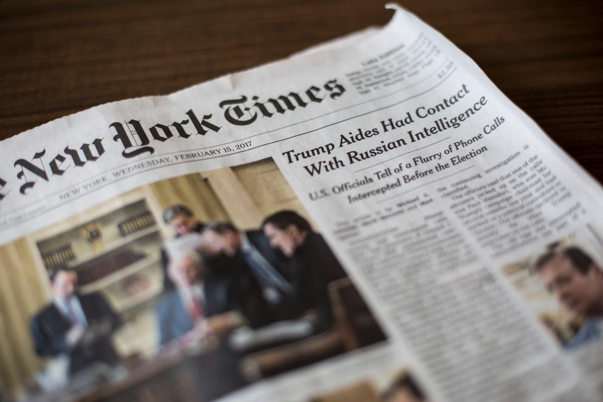 The Feb. 15 edition of The New York Times. The lead story in the paper alleging that the Trump campaign had contact with Russian intelligence officers was debunk ed by former FBI Director James Comey. (Samira Bouaou/The Epoch Times)