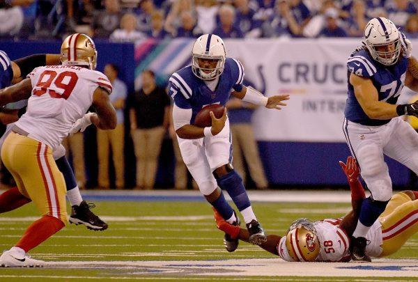 Jacoby Brissett of the Indianapolis Colts runs with the ball during the second quarter of the game between the Indianapolis Colts and the San Francisco 49ers at Lucas Oil Stadium in Indianapolis on Oct. 8, 2017. (Bobby Ellis/Getty Images)