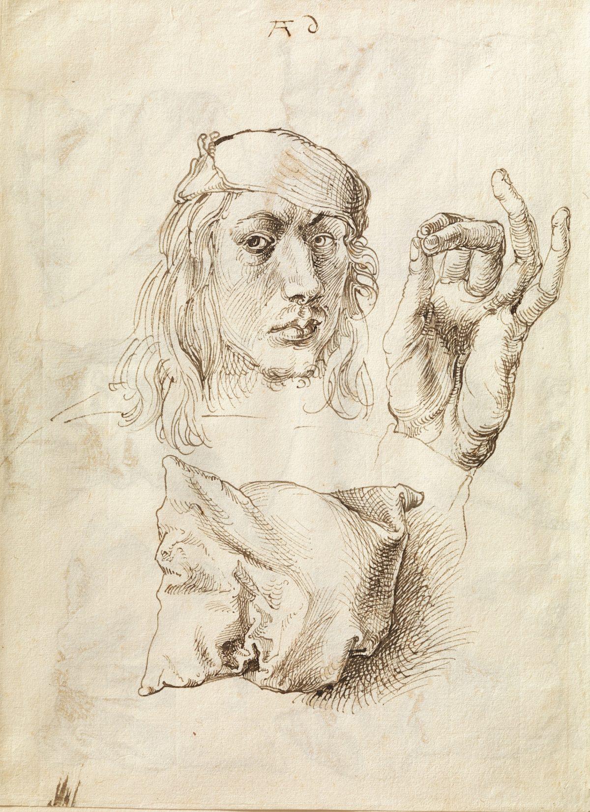 "Self-portrait, Study of a Hand and a Pillow" (recto); Six Studies of Pillows (verso), 1493, by Albrecht Dürer (1471–1528). Pen and brown ink, The Metropolitan Museum of Art, Robert Lehman Collection, 1975. (The Metropolitan Museum of Art)