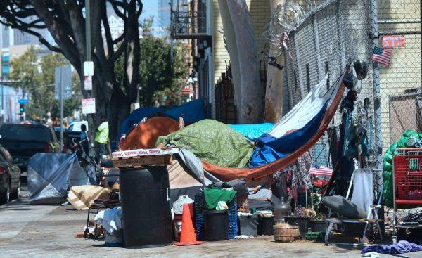 Skid Row in downtown Los Angeles on June 20, 2017. An outbreak of hepatitis A among the homeless and illicit drug users in California has claimed 17 lives and infected hundreds of people. (Frederic Brown/AFP via Getty Images)