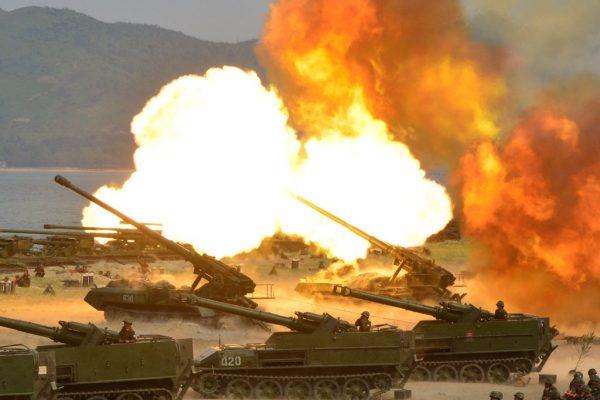 Artillery fires during North Korea's "largest-ever" artillery drill marking the 85th anniversary of the establishment of the Korean People's Army (KPA) on April 25, 2017. (KCNA/via Reuters)