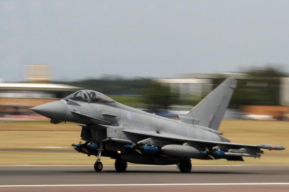 A BAE Typhoon takes off ahead of an air display at the Farnborough International Airshow in Hampshire, on July 20, 2010. (Ben Stansall/AFP/Getty Images)
