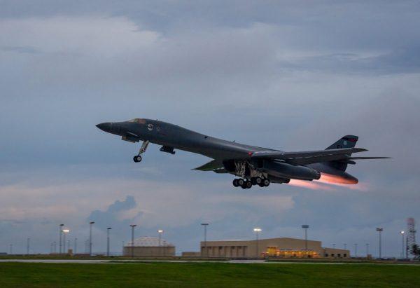 <br/>A U.S. Air Force B-1B Lancer assigned to the 37th Expeditionary Bomb Squadron, takes-off to fly a bilateral mission with Japanese and South Korea Air Force jets in the vicinity of the Sea of Japan, from Andersen Air Force Base, Guam, Oct. 10, 2017. (Staff Sgt. Joshua Smoot/U.S. Air Force/Handout via Reuters)