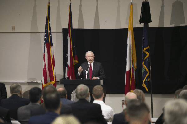 Attorney General Jeff Sessions talks about the opioid epidemic at The Columbus Police Academy in Columbus, Ohio, on Aug. 2, 2017. Since taking office, Sessions has advanced a more aggressive line in federal drug policy. (Maddie McGarvey/Getty Images)