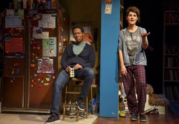Hubert Point-Du Jour and Nia Vardalos in “Tiny Beautiful Things,” based on the book by Cheryl Strayed, at The Public Theater. (Joan Marcus)