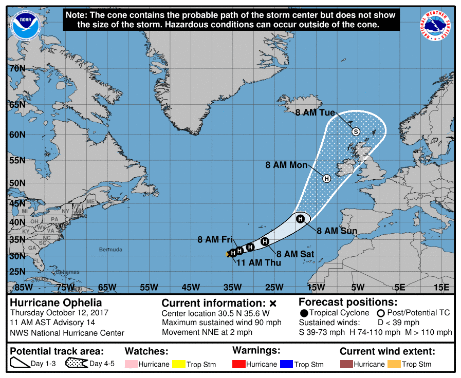 The cone of uncertainty shows Hurricane Ophelia's path. (NOAA)