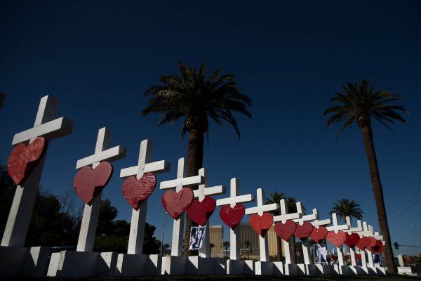 Fifty-eight white crosses for the victims of Sunday night's mass shooting stand on the south end of the Las Vegas Strip, October 5, 2017 in Las Vegas, Nevada. (Drew Angerer/Getty Images)