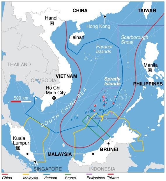 China's expansive claims in the South China Sea, shown in red, have unsettled nations in the region and provoked U.S. freedom-of-navigation exercises. (Wikimedia Commons)