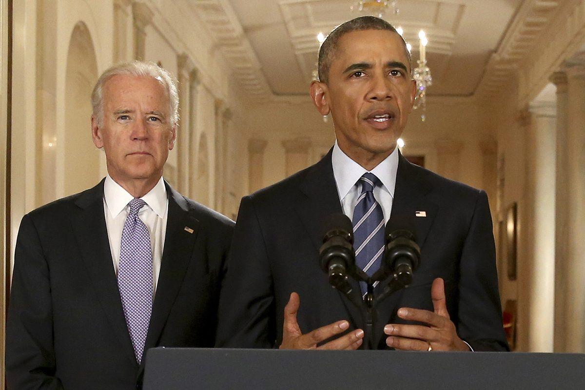 President Barack Obama (R), standing with Vice President Joe Biden, speaks about the Iran Nuclear Deal on July 14, 2015. (Andrew Harnik/Pool/Getty Images)