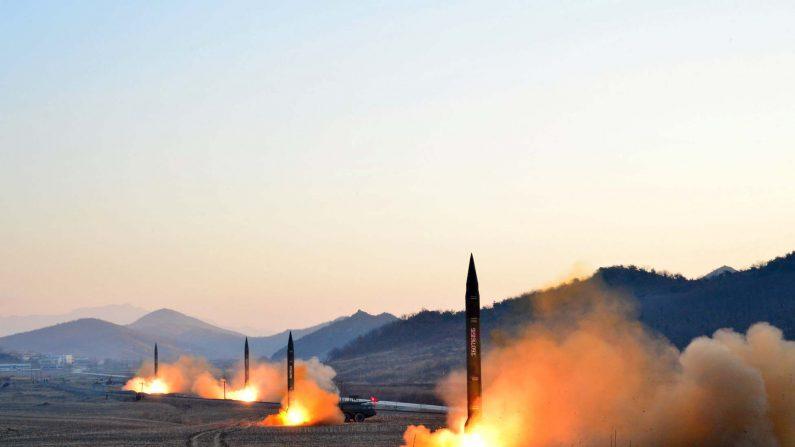 This undated picture released by North Korea's Korean Central News Agency (KCNA) via KNS on March 7, 2017 shows the launch of four ballistic missiles by the Korean People's Army (KPA) during a military drill at an undisclosed location in North Korea. (AFP/Getty Images)
