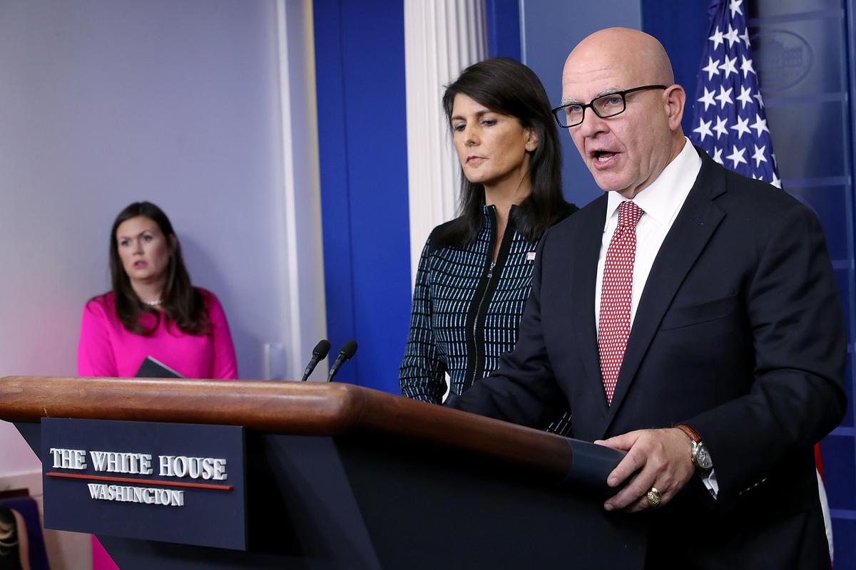 National Security Advisor General H.R. McMaster (R), and U.S. Ambassador to the United Nations Nikki Haley (C) answer questions at a briefing at the White House in Washington, DC, on Sept. 15, 2017. McMaster and Haley fielded a range of questions relating to North Korea, a recent terror incident in London during the briefing. Also pictured is White House Press Secretary Sarah Huckabee Sanders (L). (Win McNamee/Getty Images)