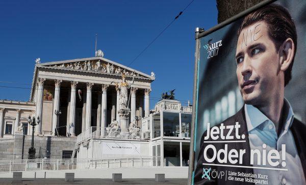 An election campaign poster with Sebastian Kurz of the Peoples' Party opposite the Parliament in Vienna, Austria, Oct. 16, 2017. (Heinz-Peter Bader/Reuters)