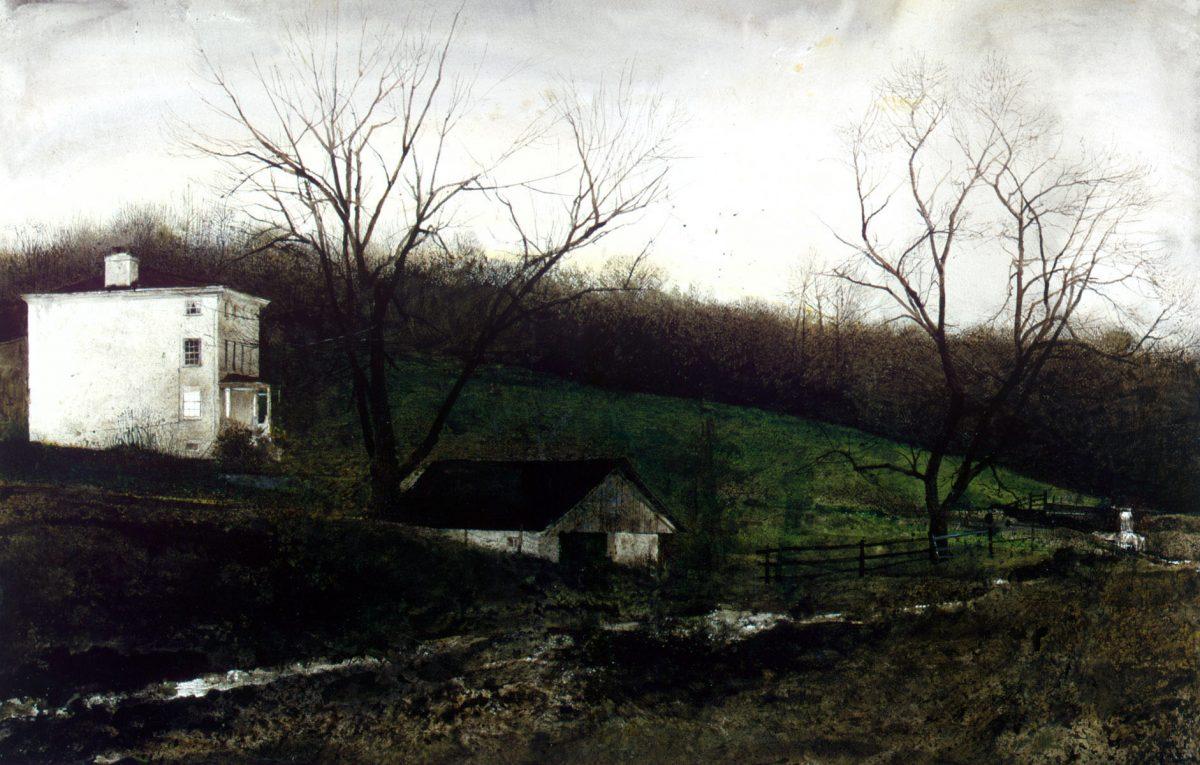 “Evening at Kuerners,” 1970, by Andrew Wyeth. Drybrush watercolor, 25 1⁄2 inches by 39 3⁄4 inches. Collection of Nicholas Wyeth. [Andrew Wyeth/Artists Rights Society (ARS)]