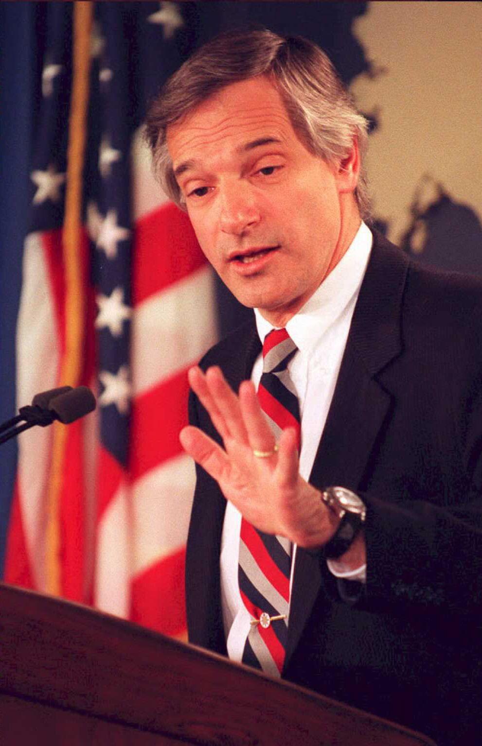 U.S. roving ambassador Robert Gallucci discusses the formation of a corporation to provide North Korea with nuclear reactors during a March 1995 event at the US State Department. Gallucci was central to the 1994 deal to stop North Korea from developing nuclear weapons. (Joshua Roberts/AFP/Getty Images)