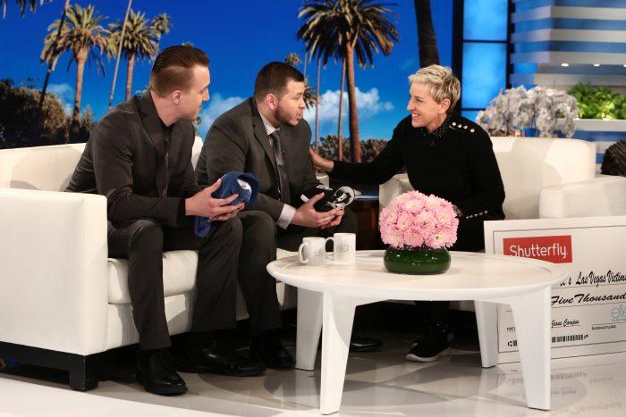 Stephen Schuck and security guard Jesus Campos of the Mandalay Bay Resort and Casino in Las Vegas, are interviewed by host Ellen DeGeneres during the taping of "The Ellen DeGeneres Show" in Burbank, Calif., in this photo released on Oct. 18, 2017. (Michael Rozman/Warner Bros./Handout via REUTERS)