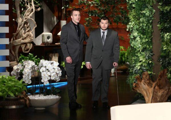 Stephen Schuck and security guard Jesus Campos of the Mandalay Bay Resort and Casino in Las Vegas, pose during the taping of "The Ellen DeGeneres Show" in Burbank, California in this photo released on Oct. 18, 2017. (Michael Rozman/Warner Bros./Handout via REUTERS)