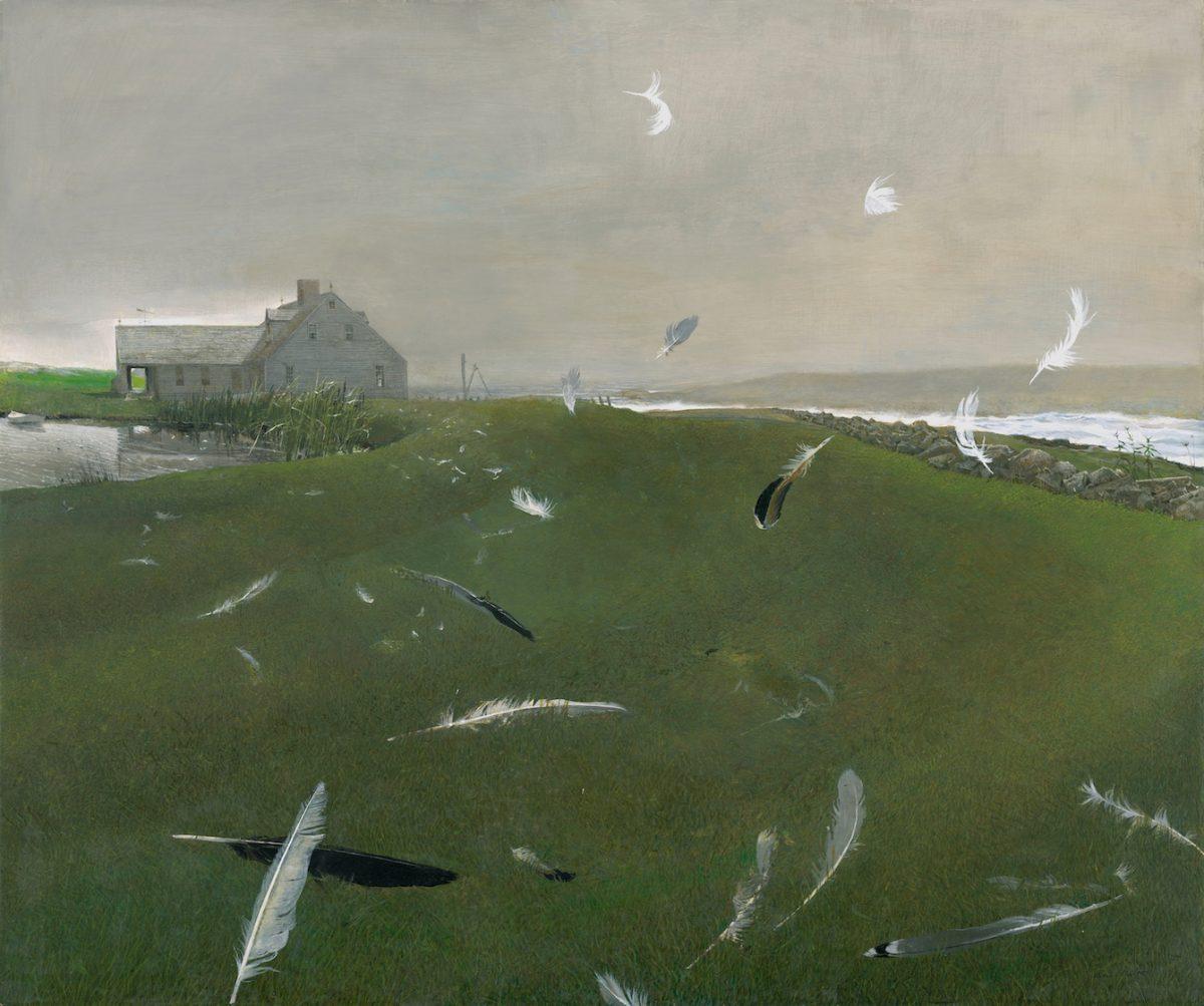 "Airborne," 1996, by Andrew Wyeth. Tempera on panel, 40 inches by 48 inches. Courtesy of Crystal Bridges Museum of American Art, Bentonville, Arkansas. [Robert LaPrelle/Andrew Wyeth/ Artists Rights Society (ARS)]
