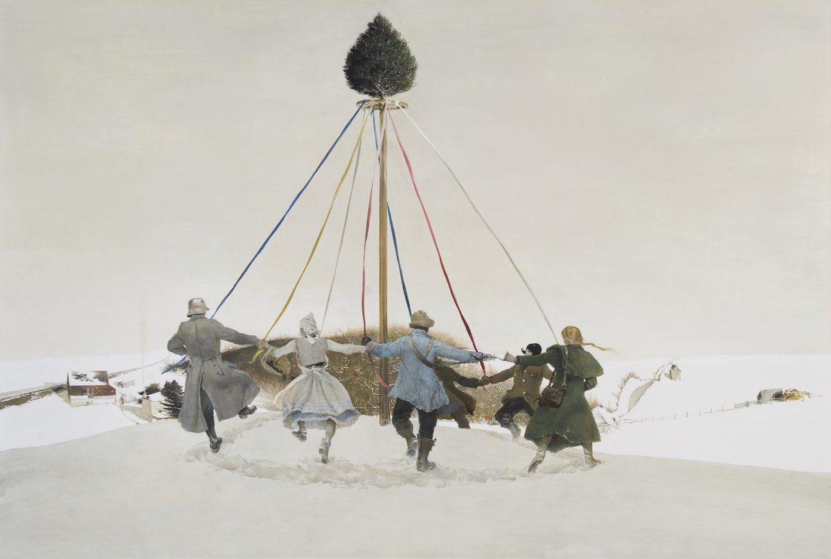 "Snow Hill," 1989, by Andrew Wyeth. Tempera on hardboard panel, 48 inches by 72 inches. The Andrew and Betsy Wyeth Collection. [Andrew Wyeth/Artist Rights Society (ARS)]