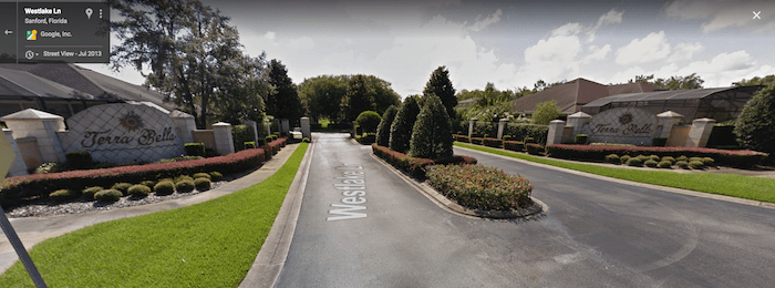 The entrance way to Terra Bella, a gated community in which Jeffrey Michels has his company address. (Screenshot via Google Maps)