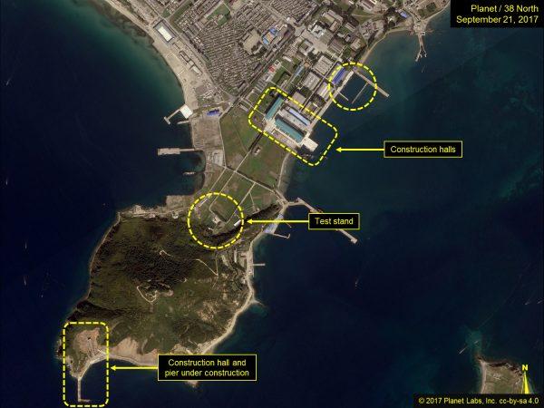 An annotated satellite image shows the facility where subs are believed to be constructed in North Korea's Sinpo South Shipyard. Satellite imagery provided by <a class="" href="https://www.planet.com/">Planet</a>; analysis by 38 North. (Planet / 38 North.)