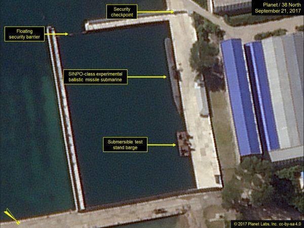 An annotated satellite image shows the facility where subs are believed to be constructed in North Korea's Sinpo South Shipyard. Satellite imagery provided by <a class="" href="https://www.planet.com/">Planet</a>; analysis by 38 North (Planet / 38 North.)