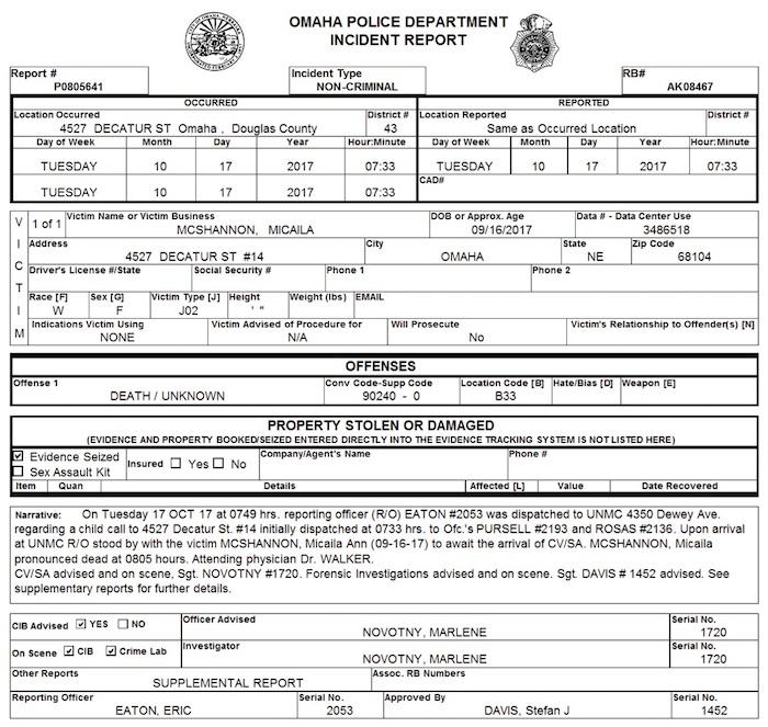 The Omaha Police Department's incident report on baby Micaila McShannon's death.