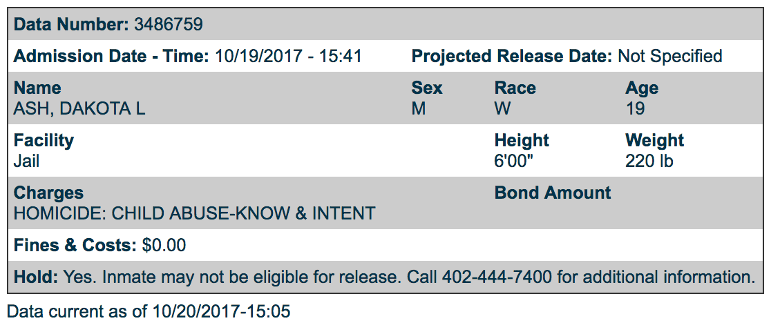 Dakota Ash's inmate record at Douglas County Department of Corrections. (Screenshot/corrections.dccorr.com)