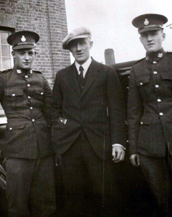 Bill and Tom Palfrey with their dad, Tom Palfrey (C), at Work Point Barracks in Victoria shortly before war broke out in 1939. Tom Sr. and his two brothers fought in the First World War. (Courtesy of Ceri Peacey)