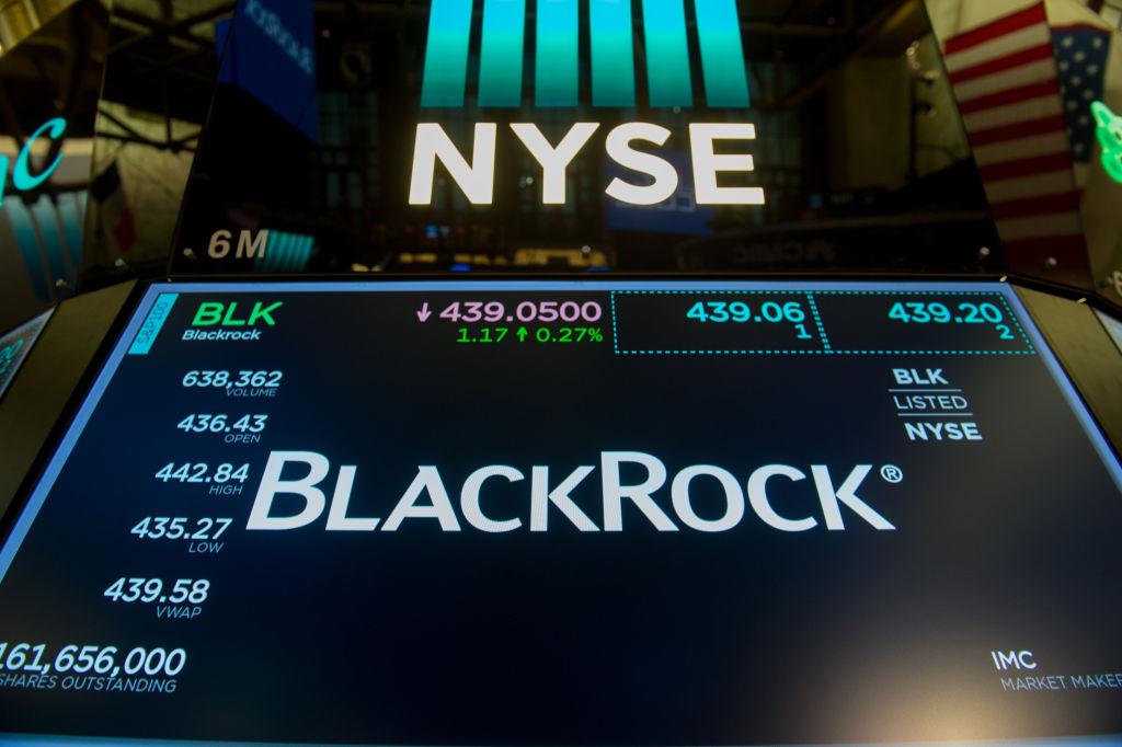 The trading symbol for BlackRock is displayed at the closing bell of the Dow Industrial Average at the New York Stock Exchange in New York, on July 14, 2017. (Bryan. R. Smith/AFP/Getty Images)