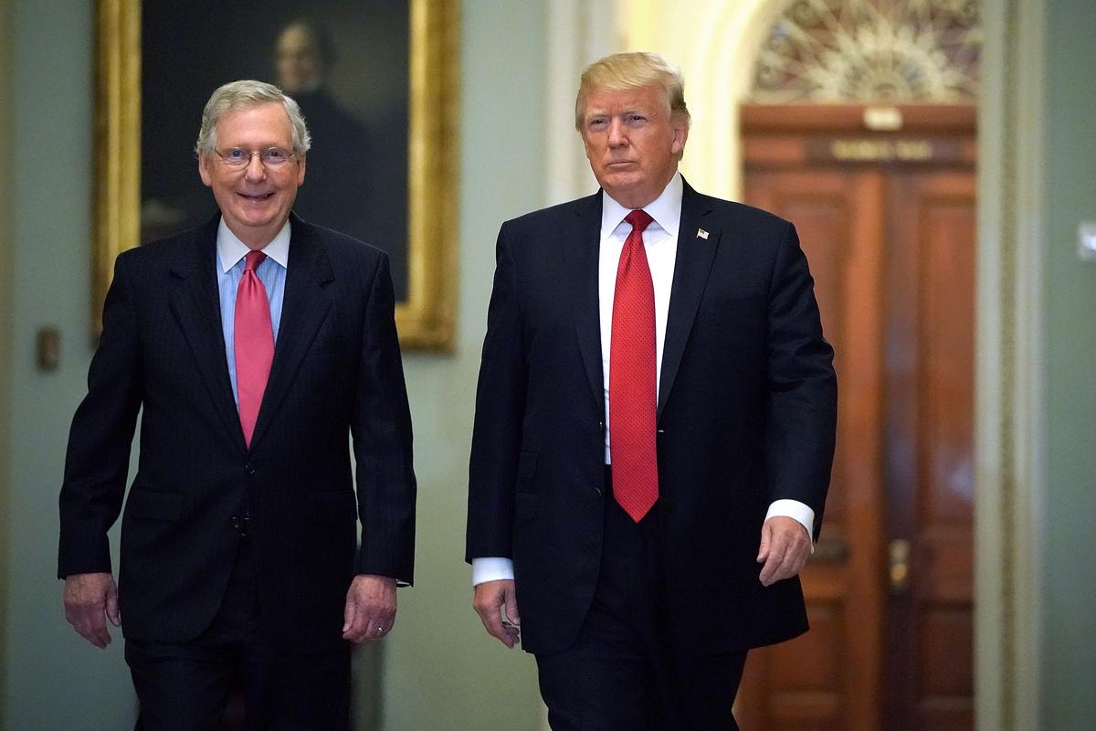 Senate Majority Leader Mitch McConnell (R-Ky.) (L) and President Donald Trump arrive for the Republican Senate Policy Luncheon at the Capitol in Washington, on Oct. 24, 2017. (Chip Somodevilla/Getty Images)