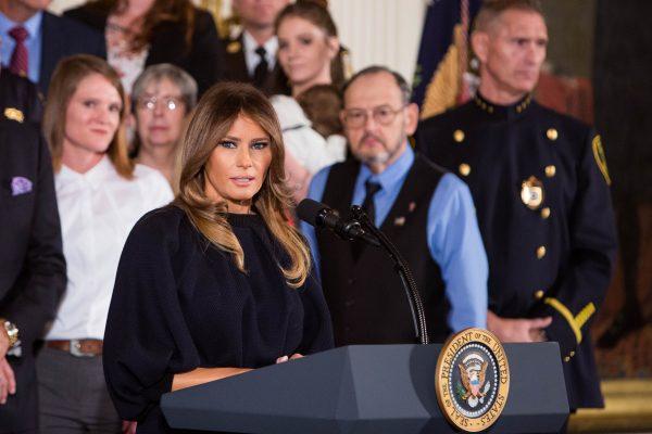 First Lady Melania Trump talks about the opioid crisis before the president announced it as a nationwide public health emergency in the East Room of the White House in Washington on Oct. 26, 2017. (Samira Bouaou/The Epoch Times)