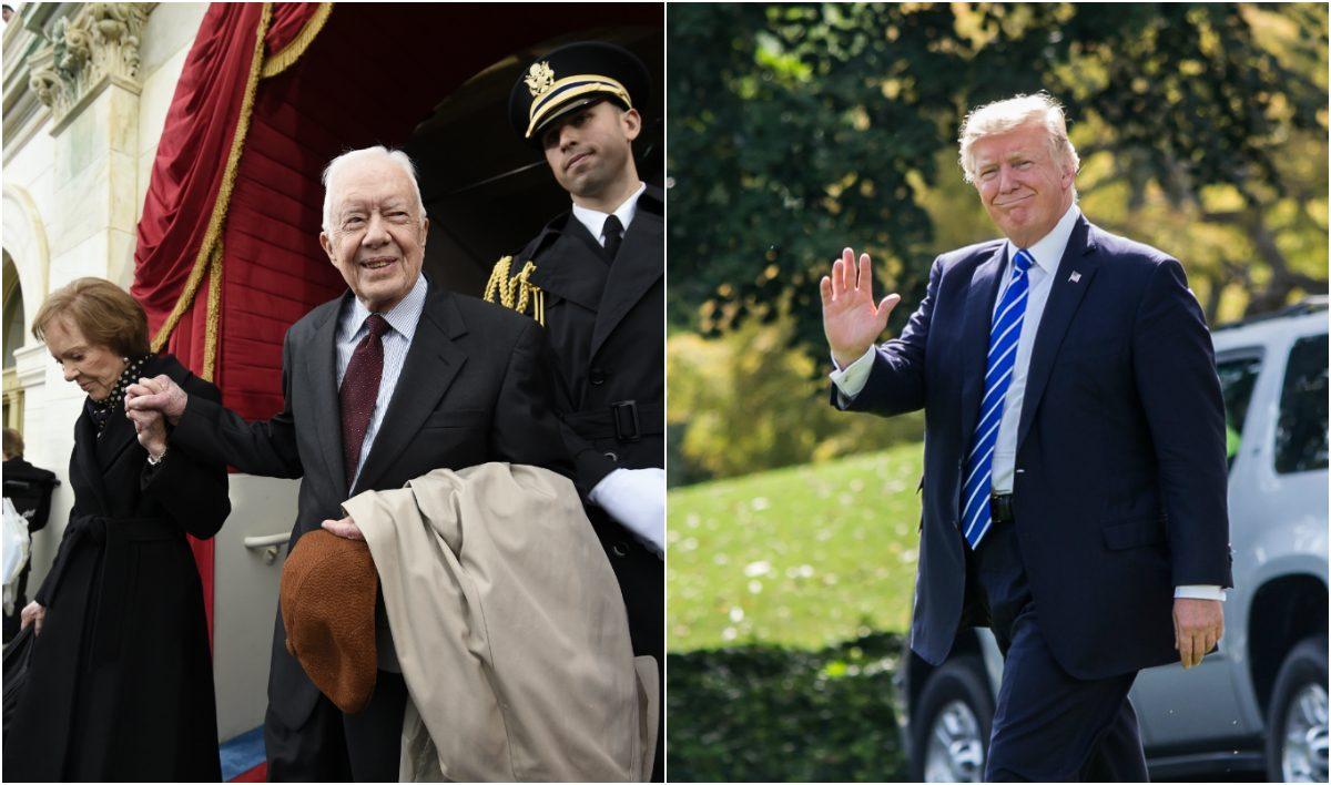 (L) Former President Jimmy Carter and his wife Rosalynn at the presidential inauguration of Donald Trump on Jan. 20 (Saul Loeb - Pool/Getty Images). (R) President Donald Trump at the White House on Sept. 26. (Samira Bouaou/The Epoch Times)