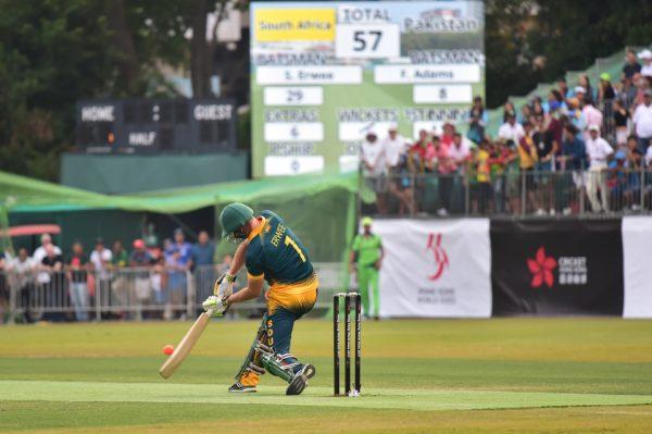 South Africa’s Saret Erwee hits a six during their Hong Kong World Cricket Sixes Cup final against Pakistan at KCC on Sunday Oct 29, 2017 (Bill Cox/Epoch Times).