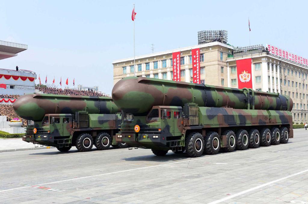 This picture released from North Korea's official Korean Central News Agency (KCNA) on April 16, 2017, shows Korean People's ballistic missiles being displayed through Kim Il Sung square during a military parade in Pyongyang. (STR/AFP/Getty Images)