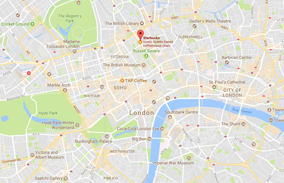 Starbucks coffee shop on Tavistock Square, London, U.K. (Screenshot via Google Maps)