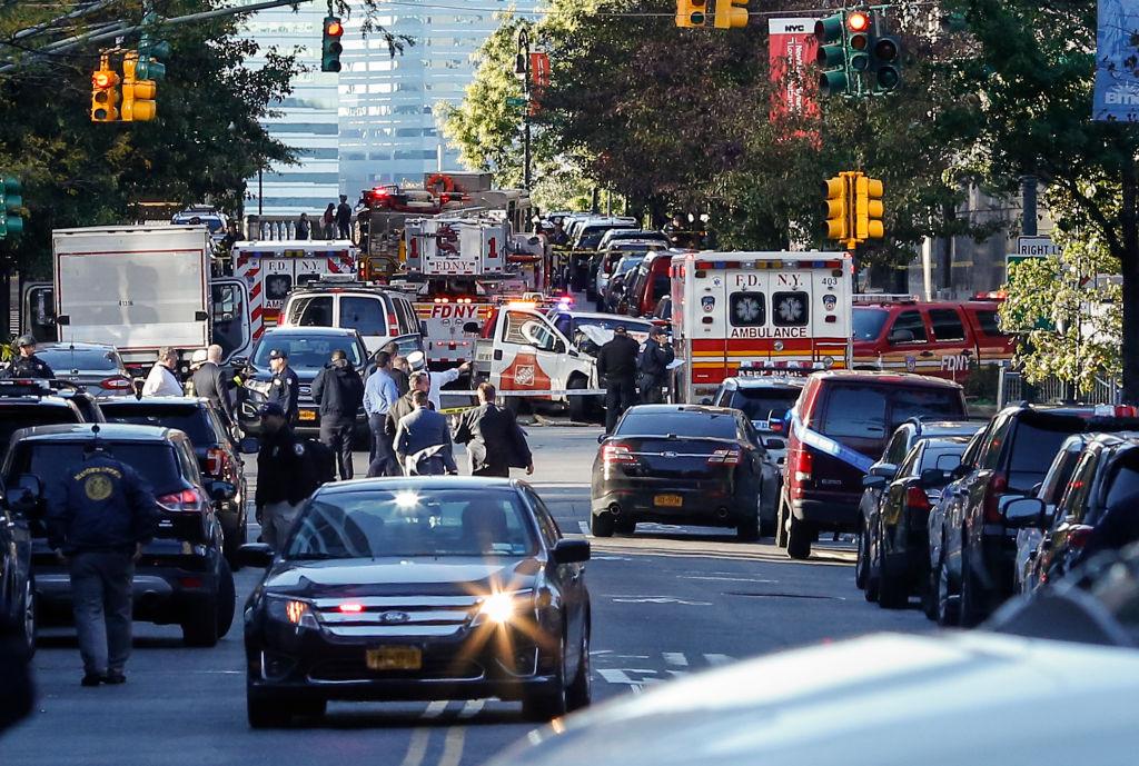 Emergency personal respond after reports of multiple people hit by a truck after it plowed through a bike path in lower Manhattan in New York City on Oct. 31, 2017. According to reports up to eight people have been killed. (Kena Betancur/Getty Images)