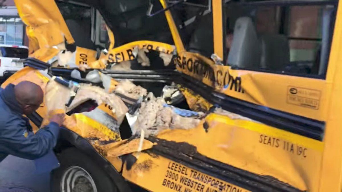 A damaged school bus is seen at the scene of a pickup truck attack in Manhattan on Oct. 31, 2017, in this picture obtained from social media. (Sebastian Sobczak via REUTERS)
