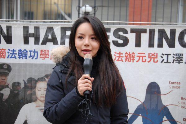 Miss World Canada 2015 Anastasia Lin speaks at a rally outside the Chinese Consulate in Toronto on Nov. 30, 2017, ahead of Prime Minister Justin Trudeau’s trip to China. Lin called on Trudeau to seek the release of Canadian citizen Sun Qian, as well as family members of Canadian citizens currently illegally imprisoned in China for their practice of Falun Dafa. Lin collected 15,000 signatures by Canadians asking Trudeau to urge Beijing to release Sun and other Falun Gong prisoners of conscience. (Yi Ling/The Epoch Times)