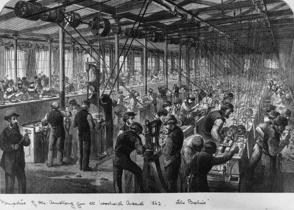 Circa 1862: Manufacture of the Armstrong Gun at the Woolwich Arsenal. Original Publication: Illustrated London News - 'The Beehive' (Rischgitz/Getty Images)