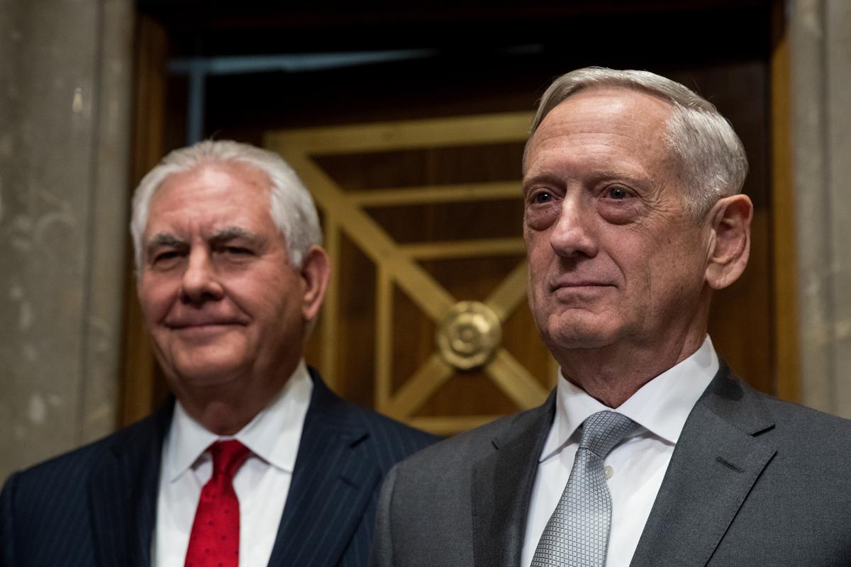 Secretary of State Rex Tillerson and Defense Secretary Gen. Jim Mattis arrive for a Senate Foreign Relations Committee hearing on October 30, 2017. (Drew Angerer/Getty Images)