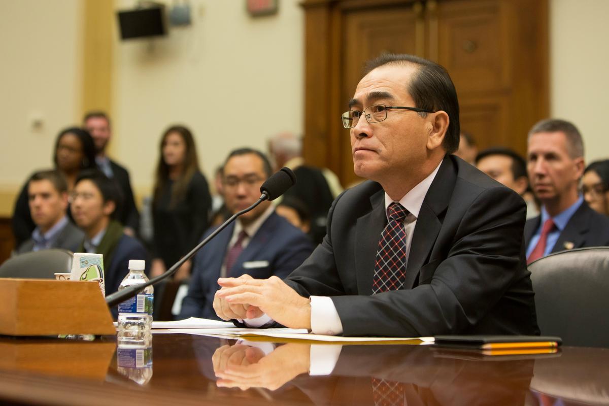 Thae Yong-ho, a former deputy chief at the North Korean embassy in London who defected to South Korea last year testifies at a hearing of the House Foreign Affairs Committee in Washington on Nov 1, 2017. (Samira Bouaou/The Epoch Times)