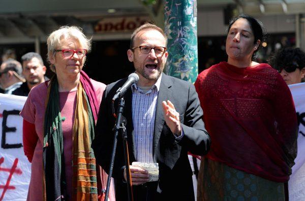 Australian federal politician Adam Bandt speaks during a protest rally in support of refugees in central Melbourne, Australia, November 4, 2017. (AAP/Mal Fairclough/via Reuters)