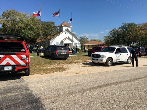 The area around a site of a mass shooting in Sutherland Springs, Texas, on Nov. 5, 2017, in this picture obtained via social media. (Max Massey/ KSAT 12/via Reuters)