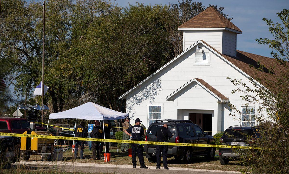 Law enforcement officials investigate a mass shooting at the First Baptist Church in Sutherland Springs, Texas, on Nov. 5, 2017. (Nick Wagner/American-Statesman via Reuters)