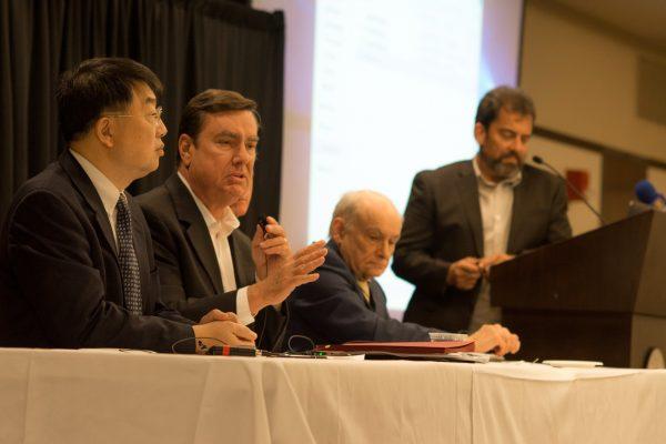 State Sen. Joel Anderson (2nd L) and International human rights lawyer David Matas (2nd R) at the Human Organ Trafficking panel at SDSU on Nov. 1, 2017. (Epoch Times)