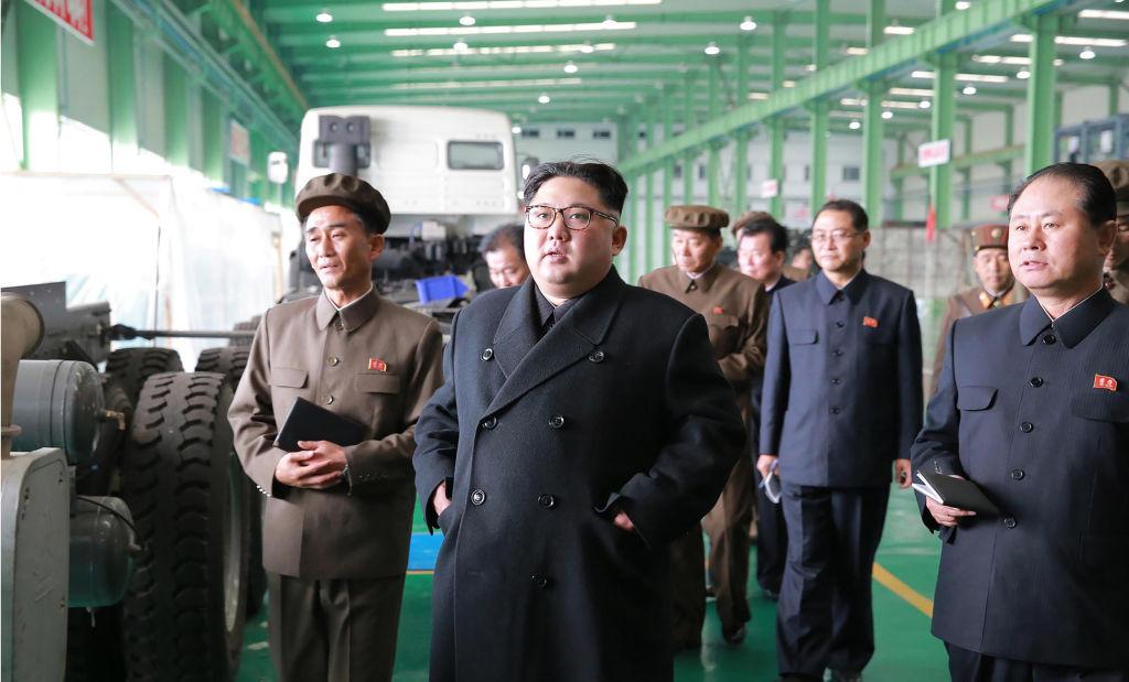 This undated picture released from North Korea's official Korean Central News Agency (KCNA) on Nov. 4, 2017, shows North Korean dictator Kim Jong Un visiting the March 16 factory at an undisclosed place. (STR/AFP/Getty Images)