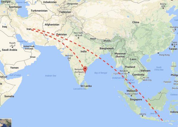 The flight diversion to Chennai in India from Iran and original route to Bali. (Google Maps)
