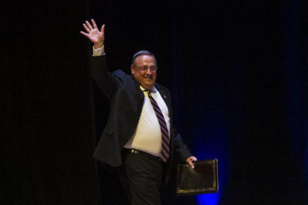 Maine then-Gov. Paul LePage, a Republican, greets the crowd before Republican Presidential candidate Donald Trump speaks at the Merrill Auditorium in Portland, Maine, on Aug. 4, 2016. (Sarah Rice/Getty Images)