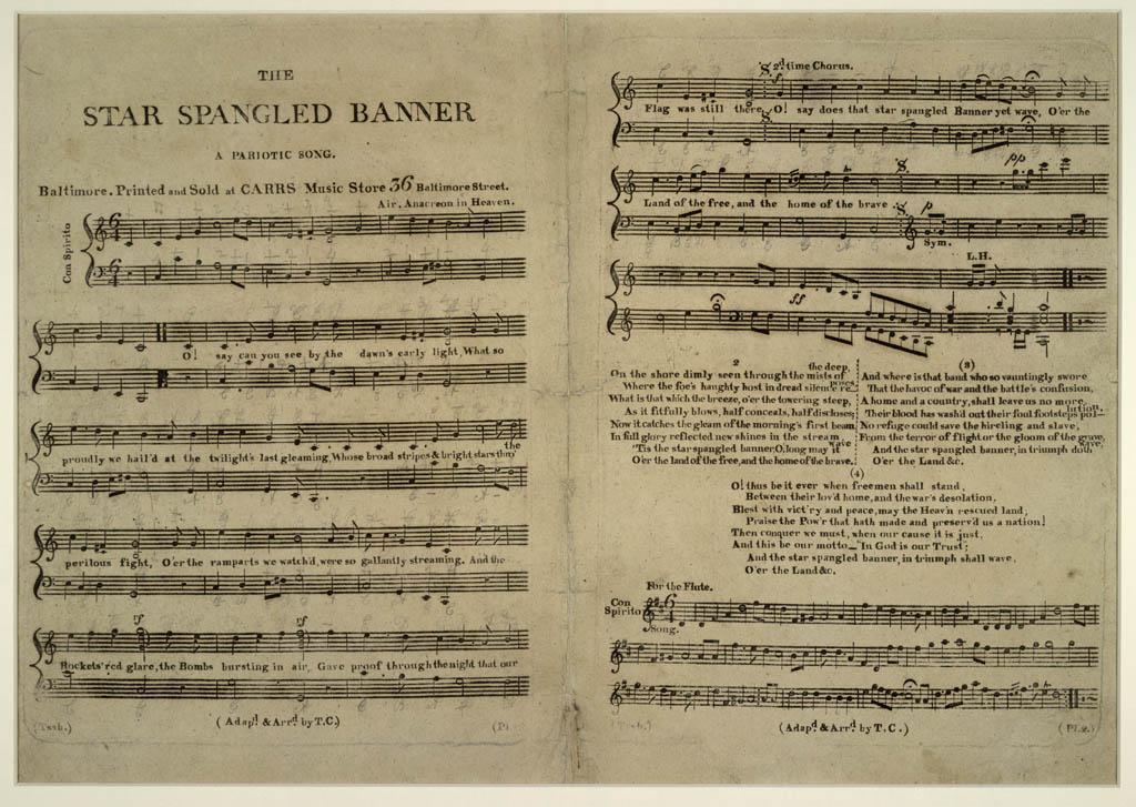 This 1814 copy of "The Star-Spangled Banner" was the first printed edition to combine the words and sheet music. Copies such as these were sold from a catalog of Thomas Carr's Carr Music Store in Baltimore. Currently, this is one of only ten copies known to exist and is housed in the Library of Congress. (Public Domain)