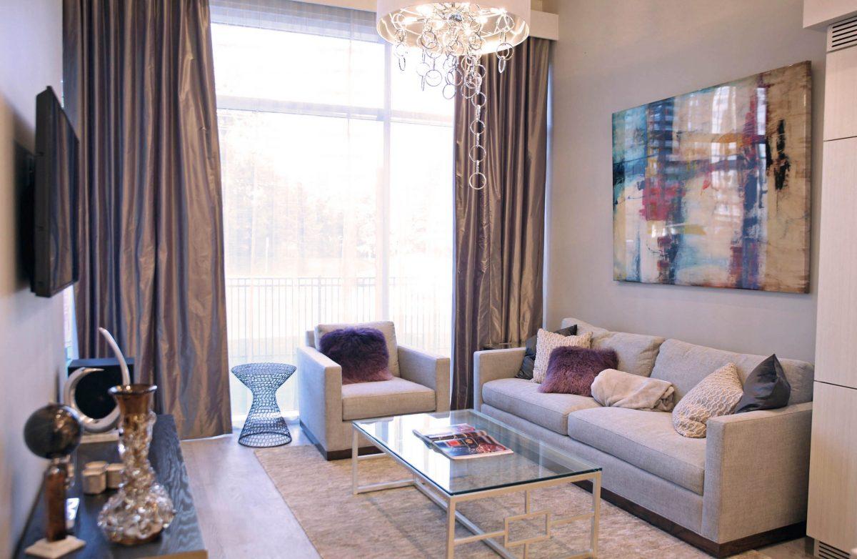 The living room in the model suite at Edge Towers. (Courtesy of Solmar Developments)